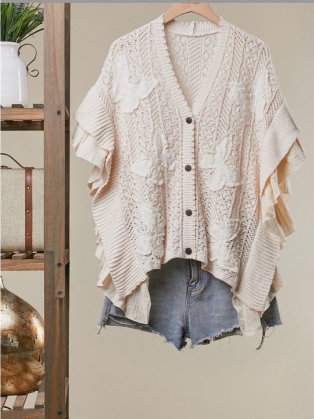 Mello Cream Knit Button-Front Poncho Cardigan - Brand: